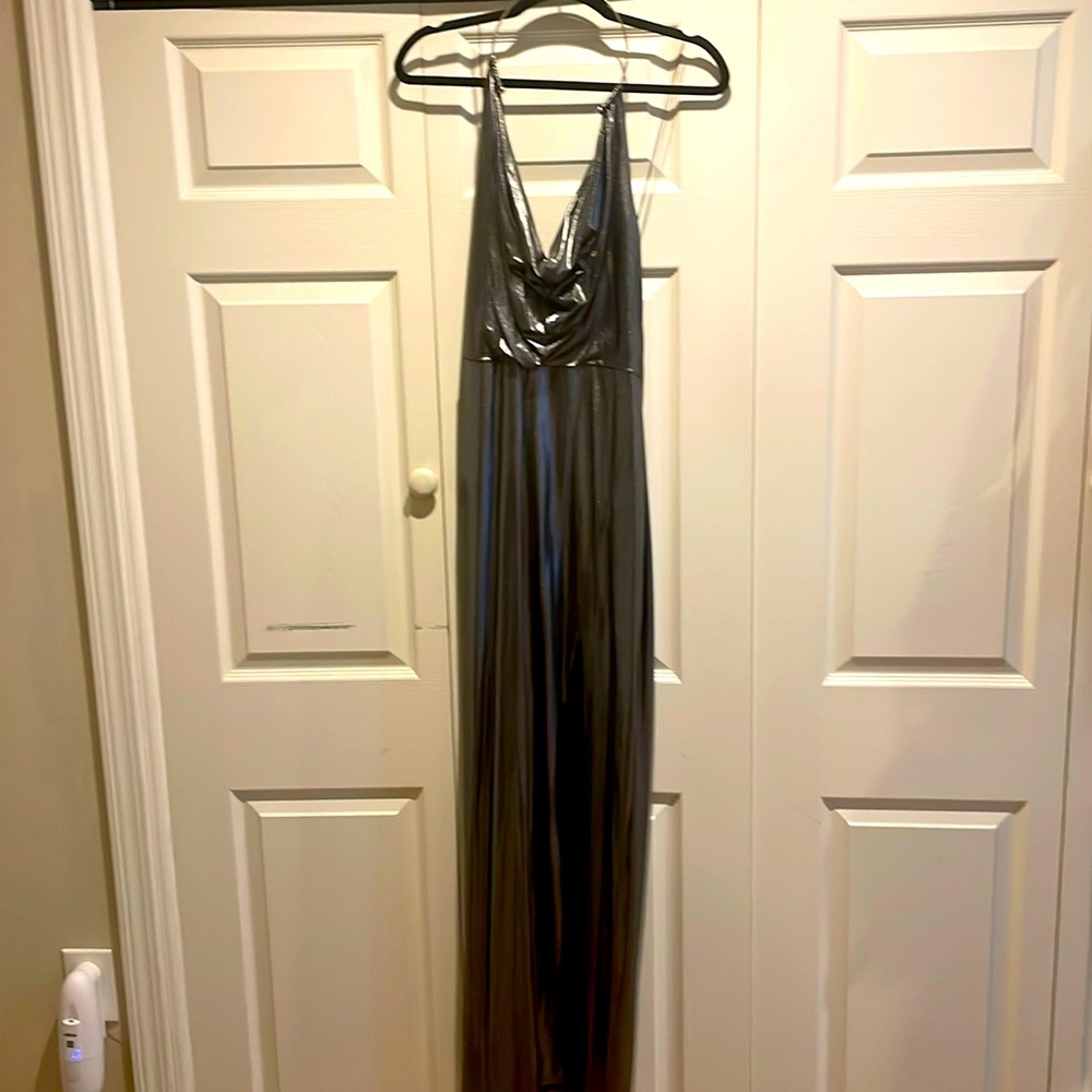 Sexy silver metallic halter evening gown